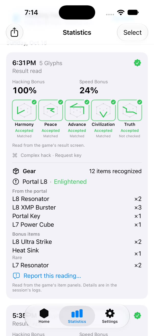 A saved hack: its bonuses, the five Glyphs the game accepted, the portal level and faction, and the 12 items it dropped.